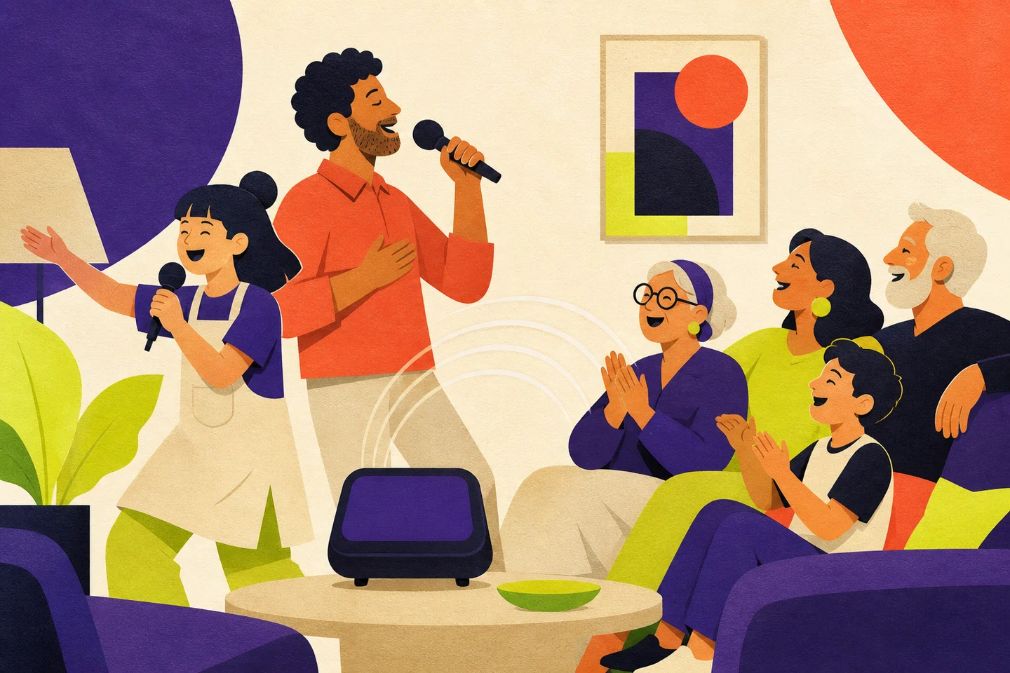 Illustrazione editoriale di una famiglia che canta insieme con un sistema karaoke