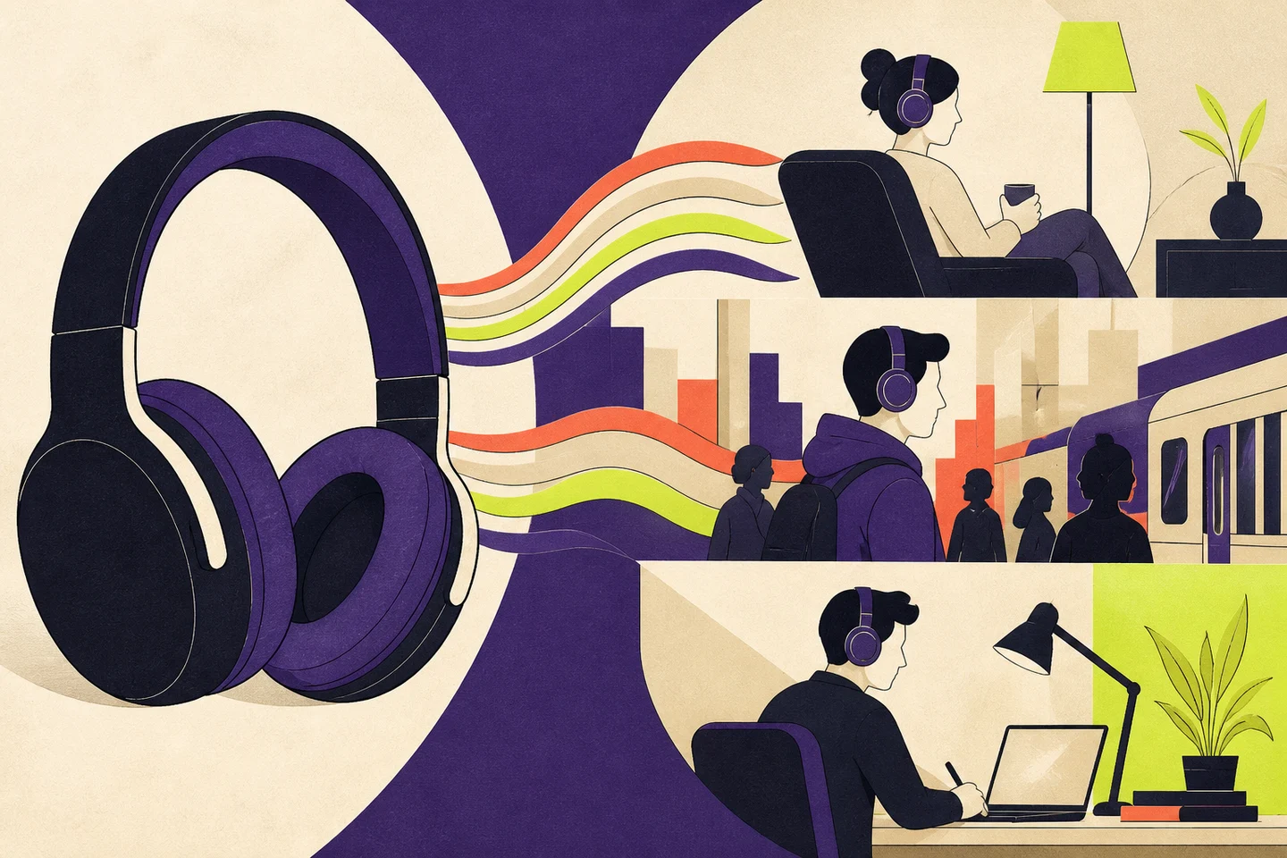 Illustrazione editoriale di cuffie Bluetooth in diversi contesti di ascolto