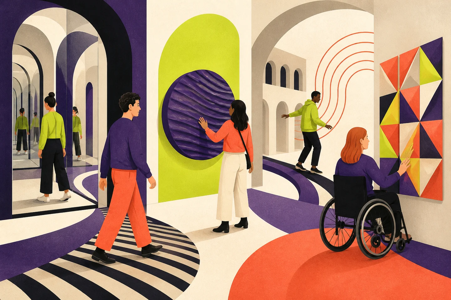 Illustrazione editoriale di visitatori tra installazioni sensoriali e illusioni ottiche